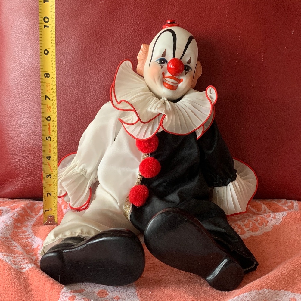 Black White Porcelain Clown Doll 10” Vintage Antique Bozo READ DESCRIPTION